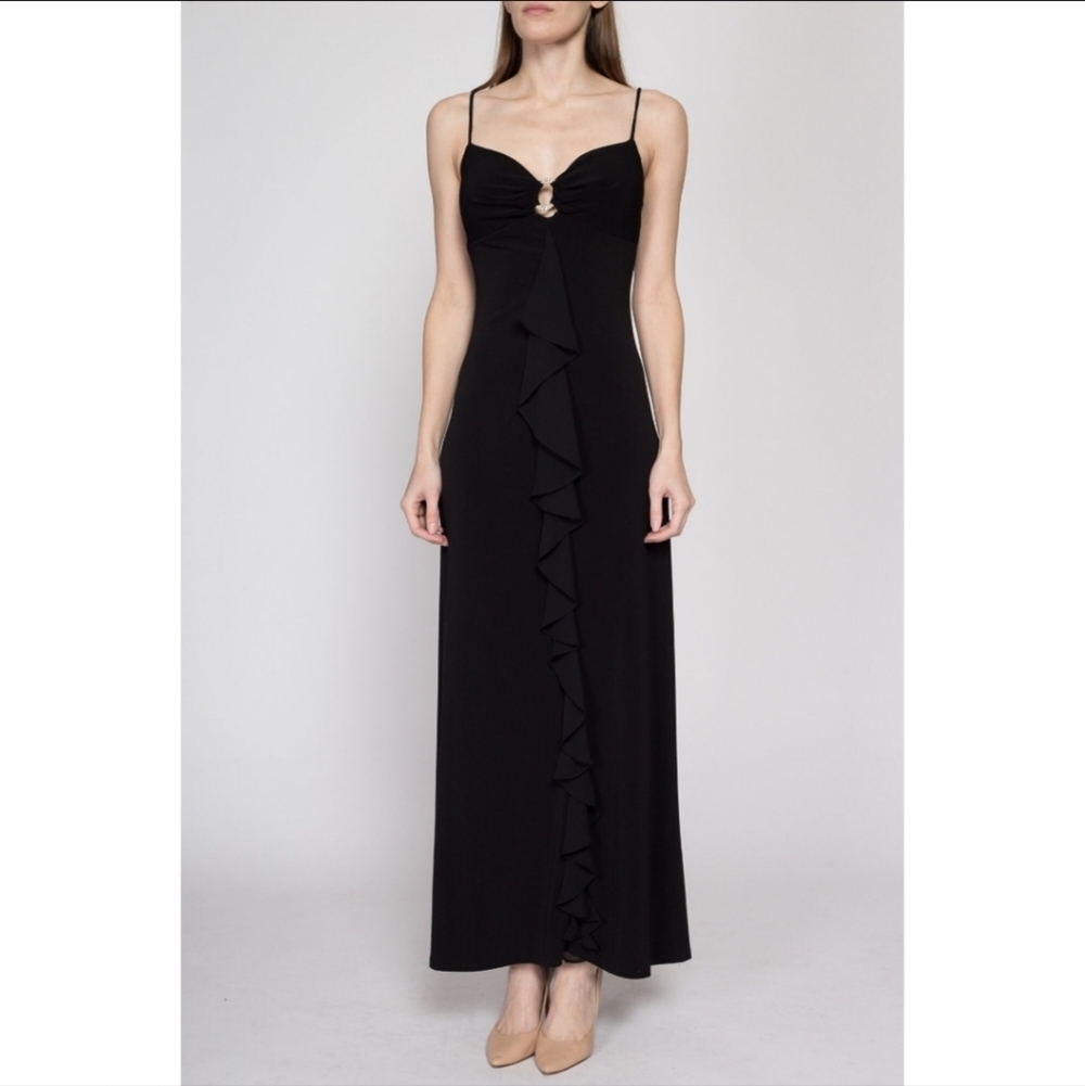 VINTAGE 90-00 JUMP Festive Maxi Women Dress Size 5-6 Black Stretch Made In USA - Picture 2 of 16